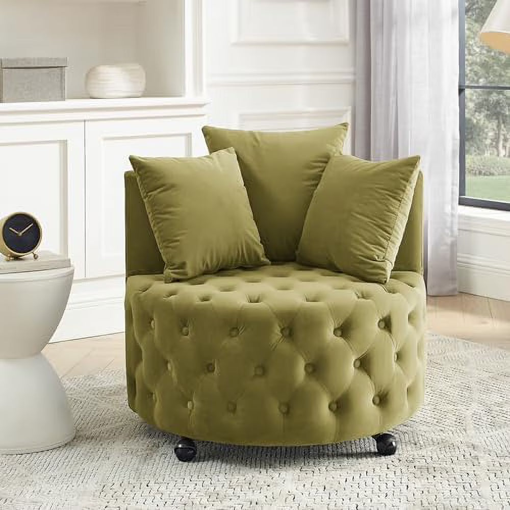 Pink Velvet Swivel Barrel Chair with 3 Pillows and Wheels N57343