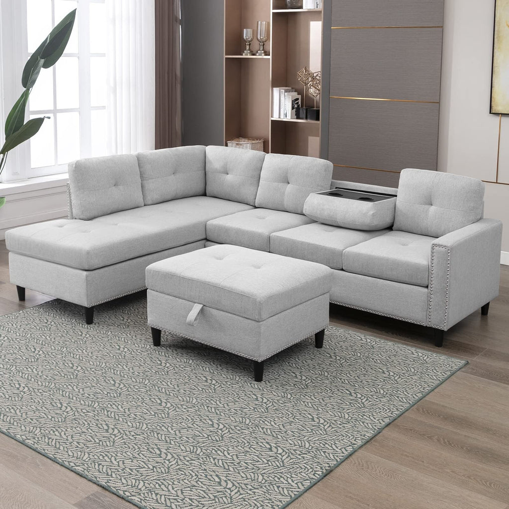 Light Grey L-Shaped Sectional Sofa with 2 Cup Holders and Storage Ottoman S40937