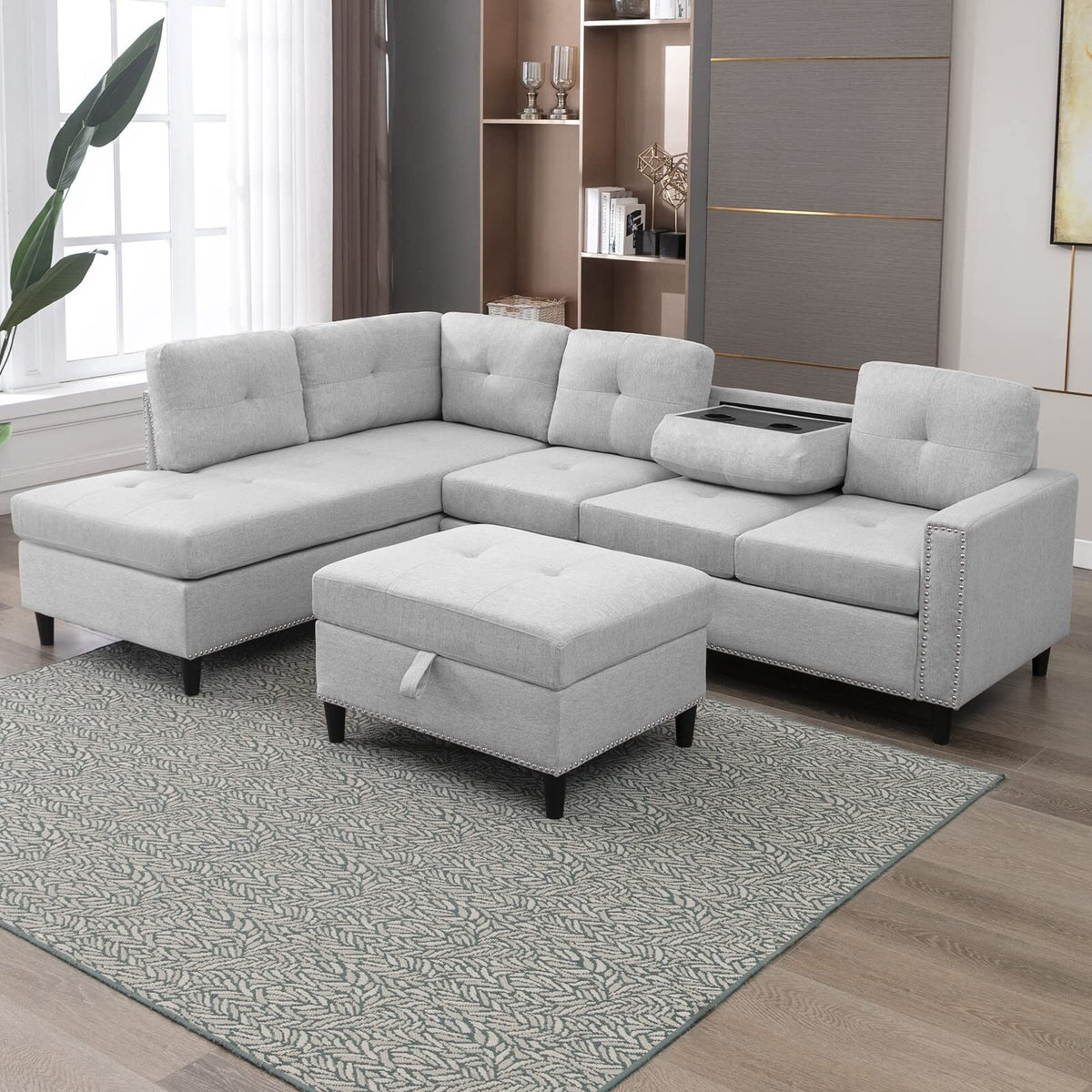 Light Grey L-Shaped Sectional Sofa with 2 Cup Holders and Storage Ottoman S40937
