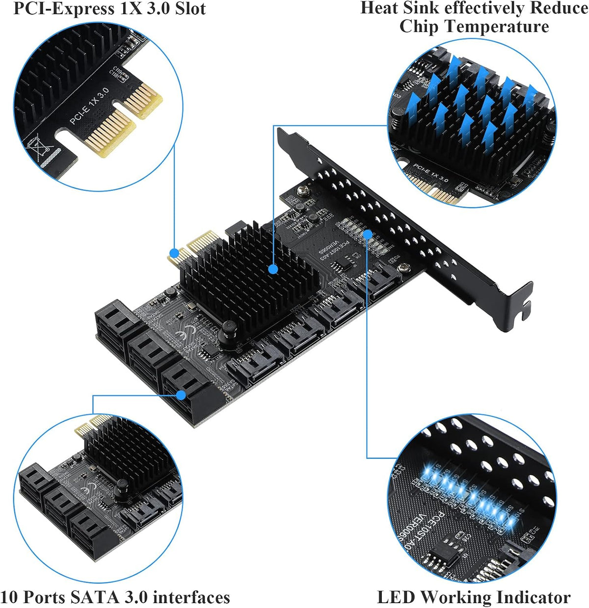 PCIE 1X 10 Ports 6 Gbps SATA 3.0 Expansion Card with Low Profile Bracket and 10 SATA Cables M964