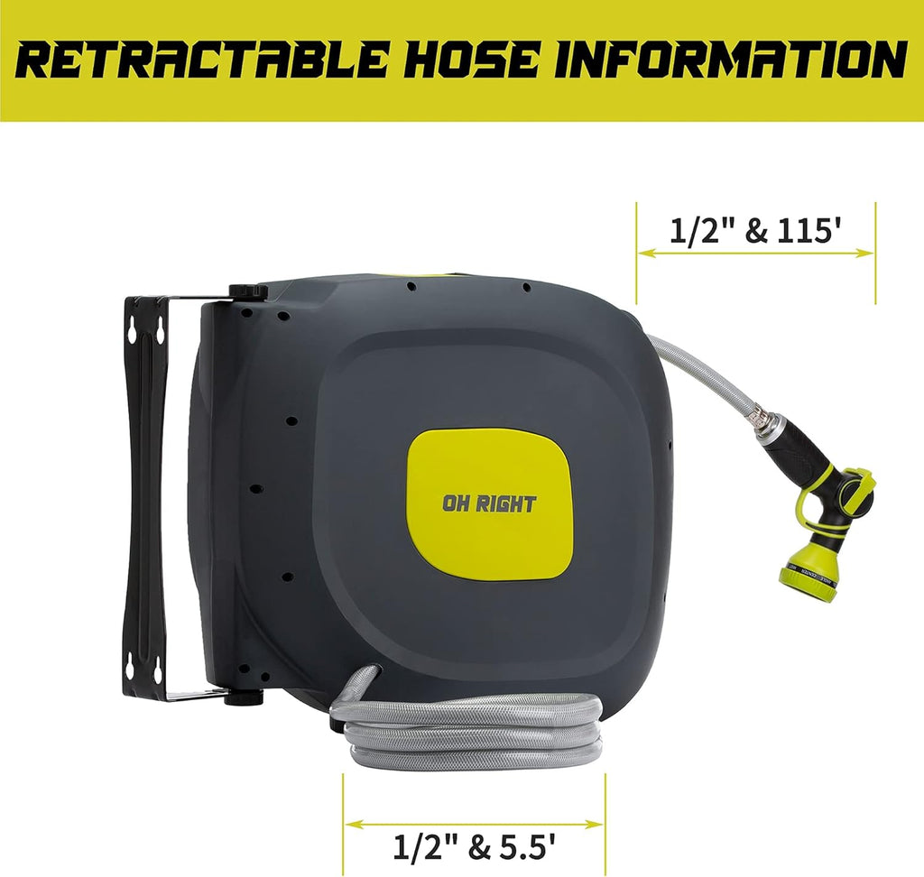 Retractable Garden Hose Reel 1/2" 115'+5' with 180° Swivel Metal Bracket, Wall Mounted Water Hose Reel with 9 Pattern Nozzle Z36459