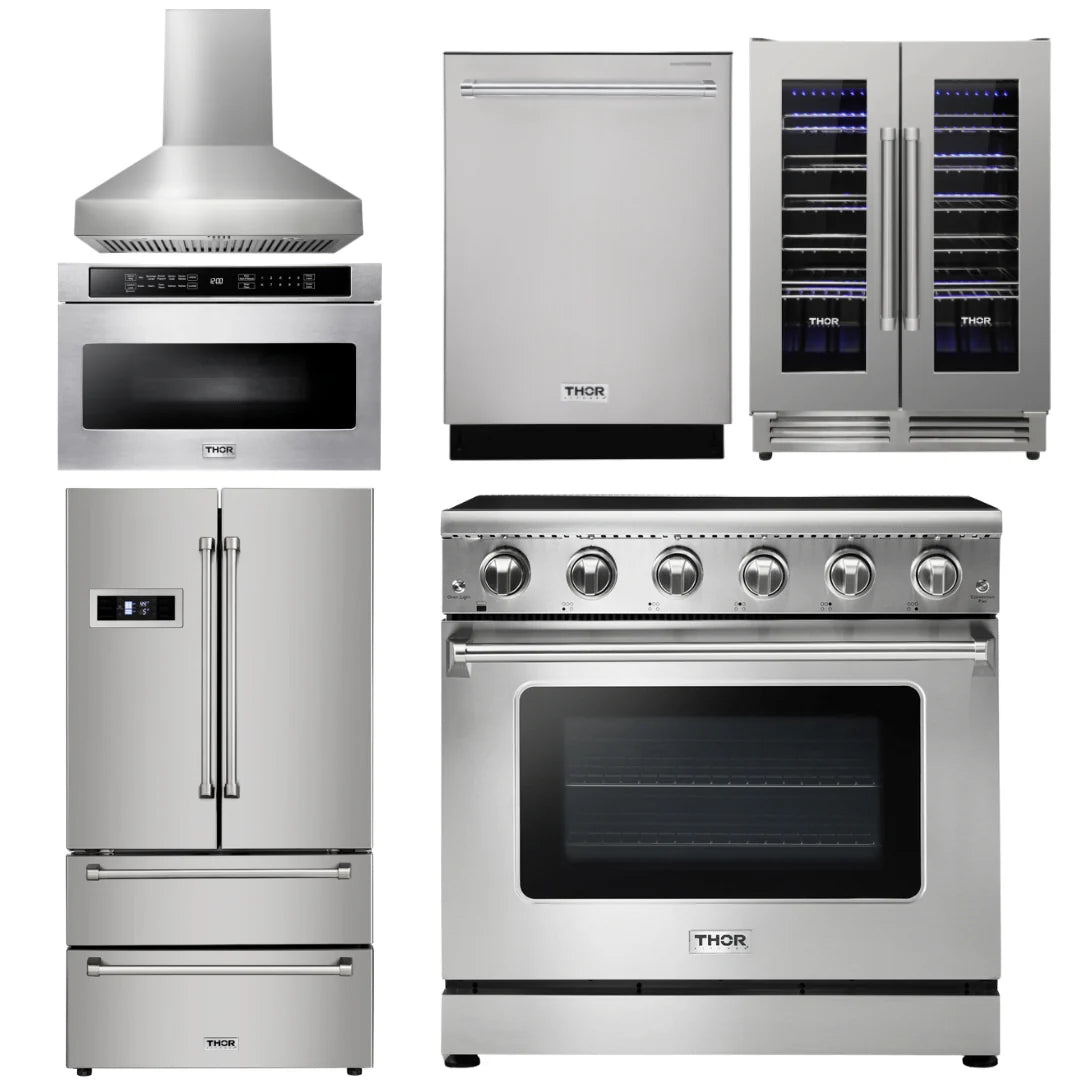 36 Electric Range, Range Hood, Microwave, Refrigerator, Dishwasher, Wine Cooler Q4165
