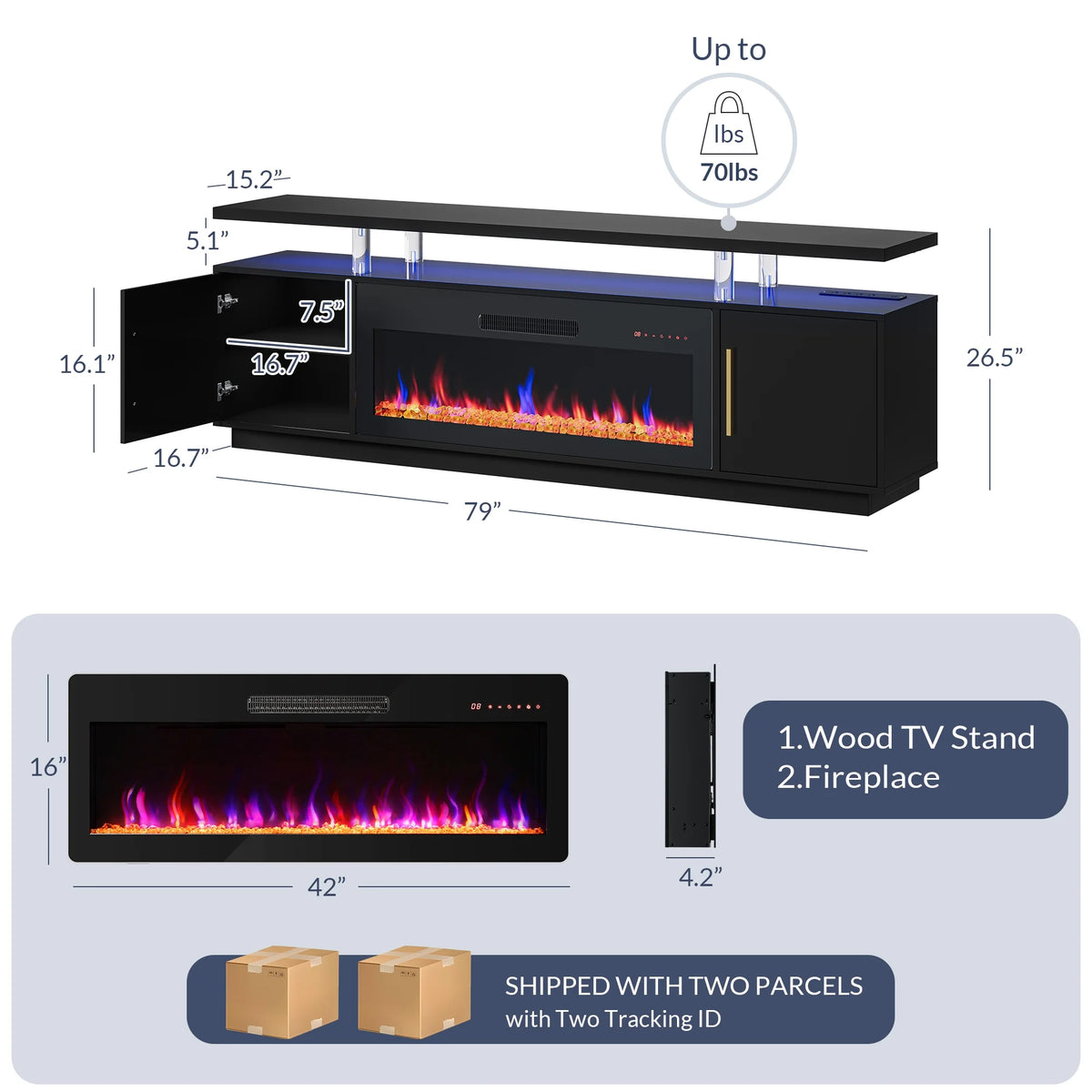79" TV Stand with Electric Fireplace and Storage Cabinet Q8445