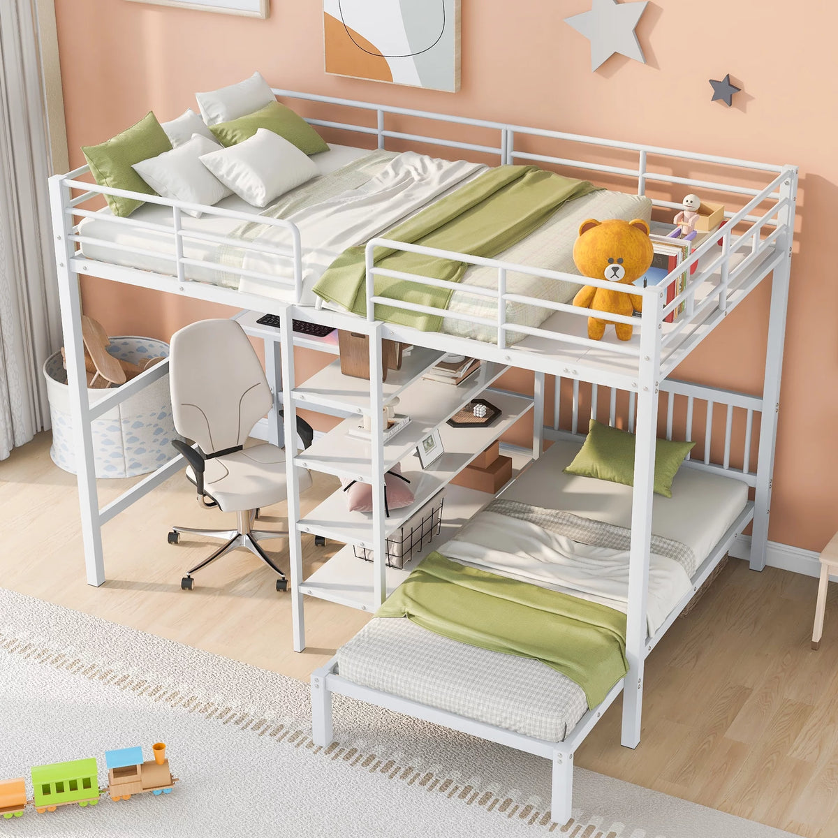 White Full Over Twin Metal Bunk Bed with Desk and Ladder E925