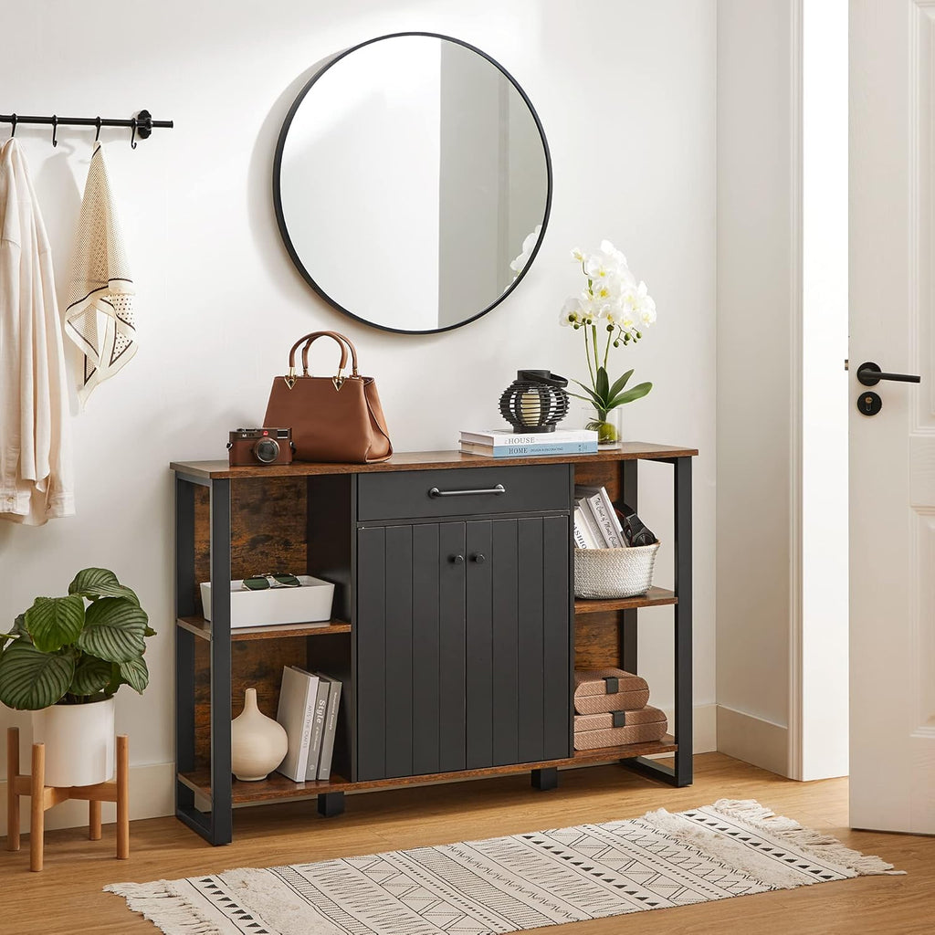 Rustic Brown and Black Steel Frame Buffet Cabinet with Drawer and Shelves L362