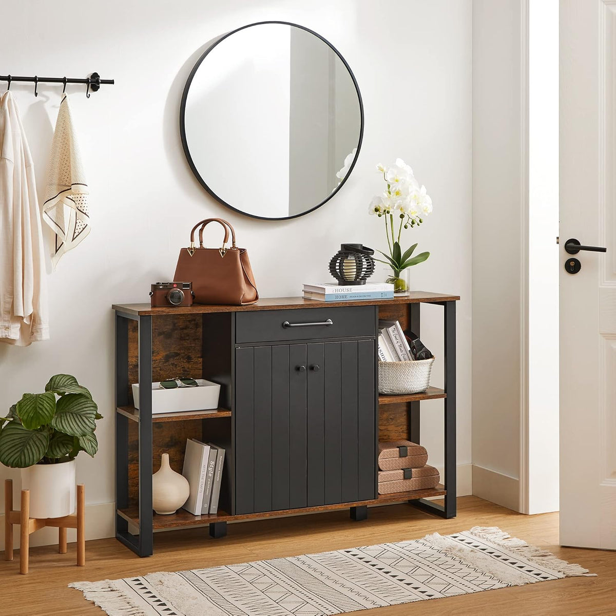 Rustic Brown and Black Steel Frame Buffet Cabinet with Drawer and Shelves L362