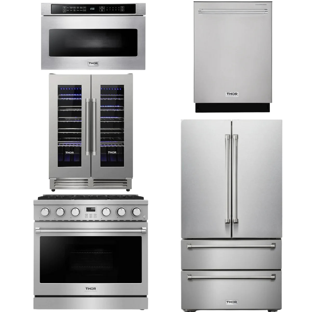 36 Gas Range, Refrigerator, Dishwasher, Microwave and Wine Cooler B3031
