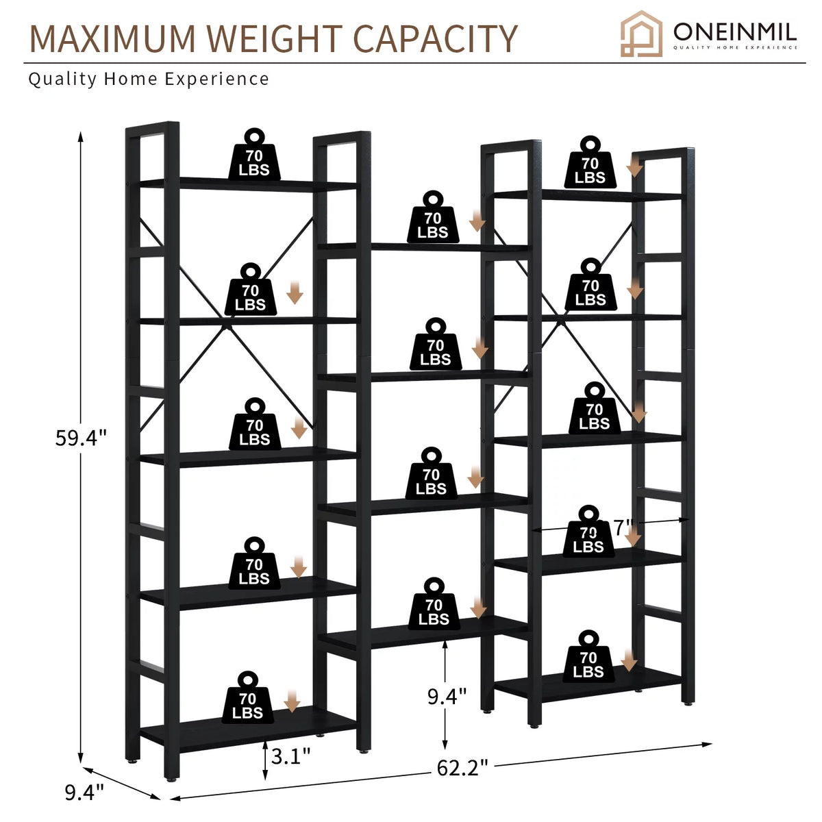 5 Tier 59" Tall Bookshelf F523