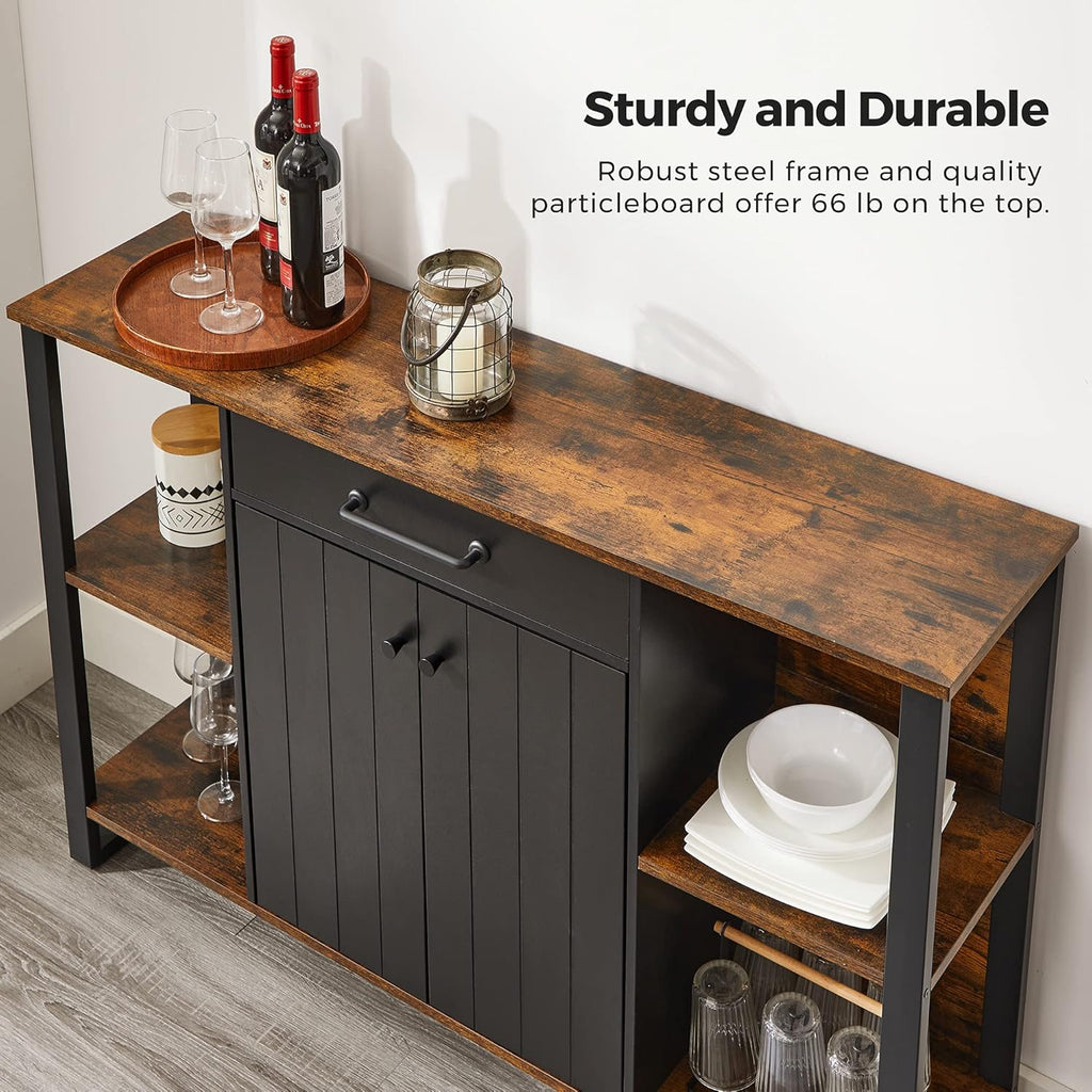 Rustic Brown and Black Steel Frame Buffet Cabinet with Drawer and Shelves L362