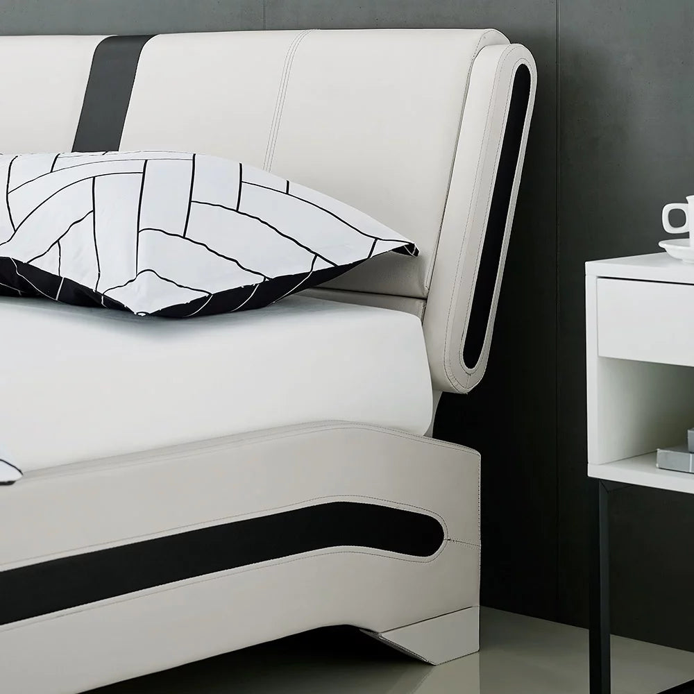 Queen White Platform Bedroom Set with Striped Headboard K161