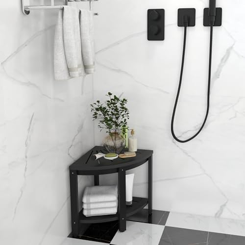 Black Poly Lumber Corner Shower Bench with Storage Shelf M872687