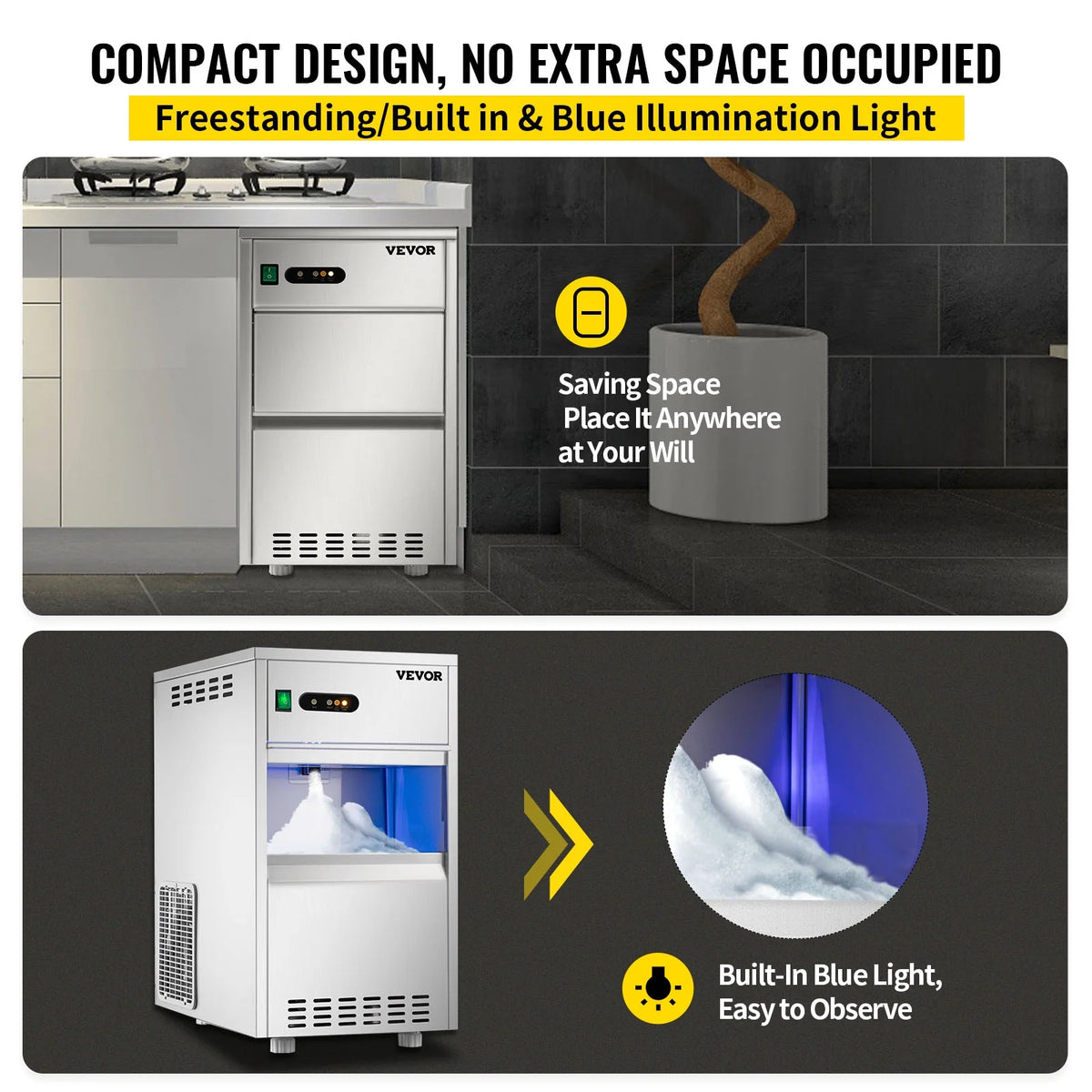 110V Commercial Snowflake Ice Maker 55lbs/24h, Food Grade Stainless Steel, Automatic Operation, Free Standing, Water Filter and Spoon O86458