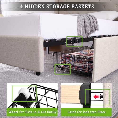 Full Size Upholstered Platform Bed with Button Tufted Storage Headboard and 4 Storage Drawers X780103