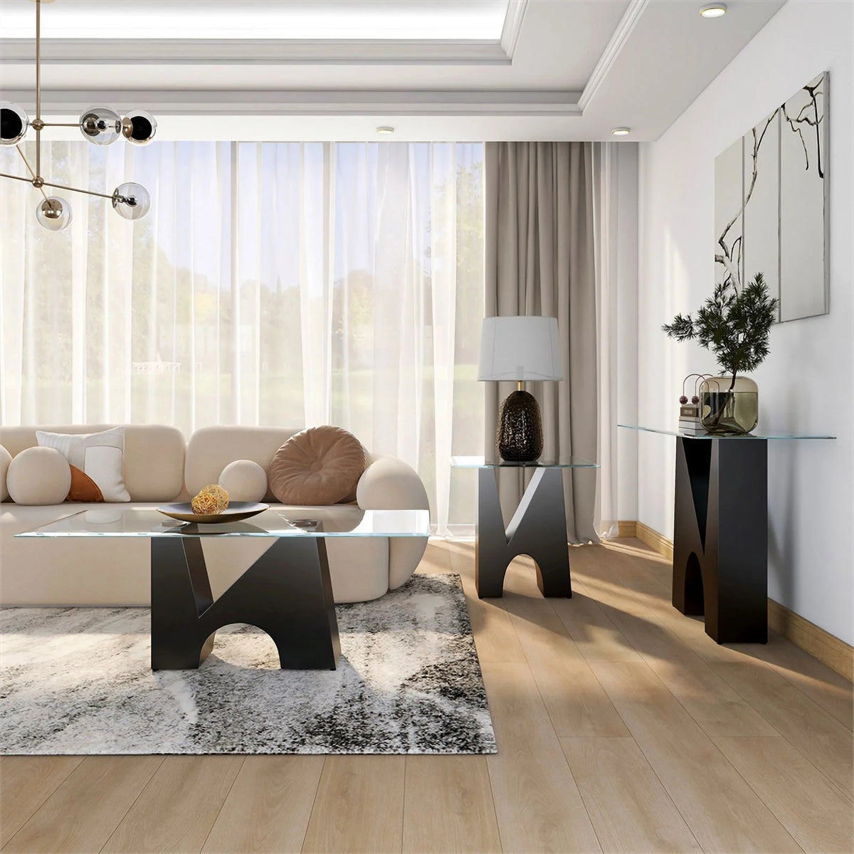 Metal and Glass Top 3-Piece Coffee Table Set in Black H410151