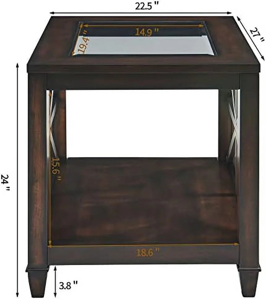 Rustic Brown End Table with Tempered Glass F384