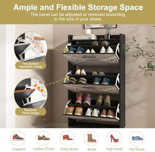 White Slim Shoe Cabinet with 3 Flip Drawers X336
