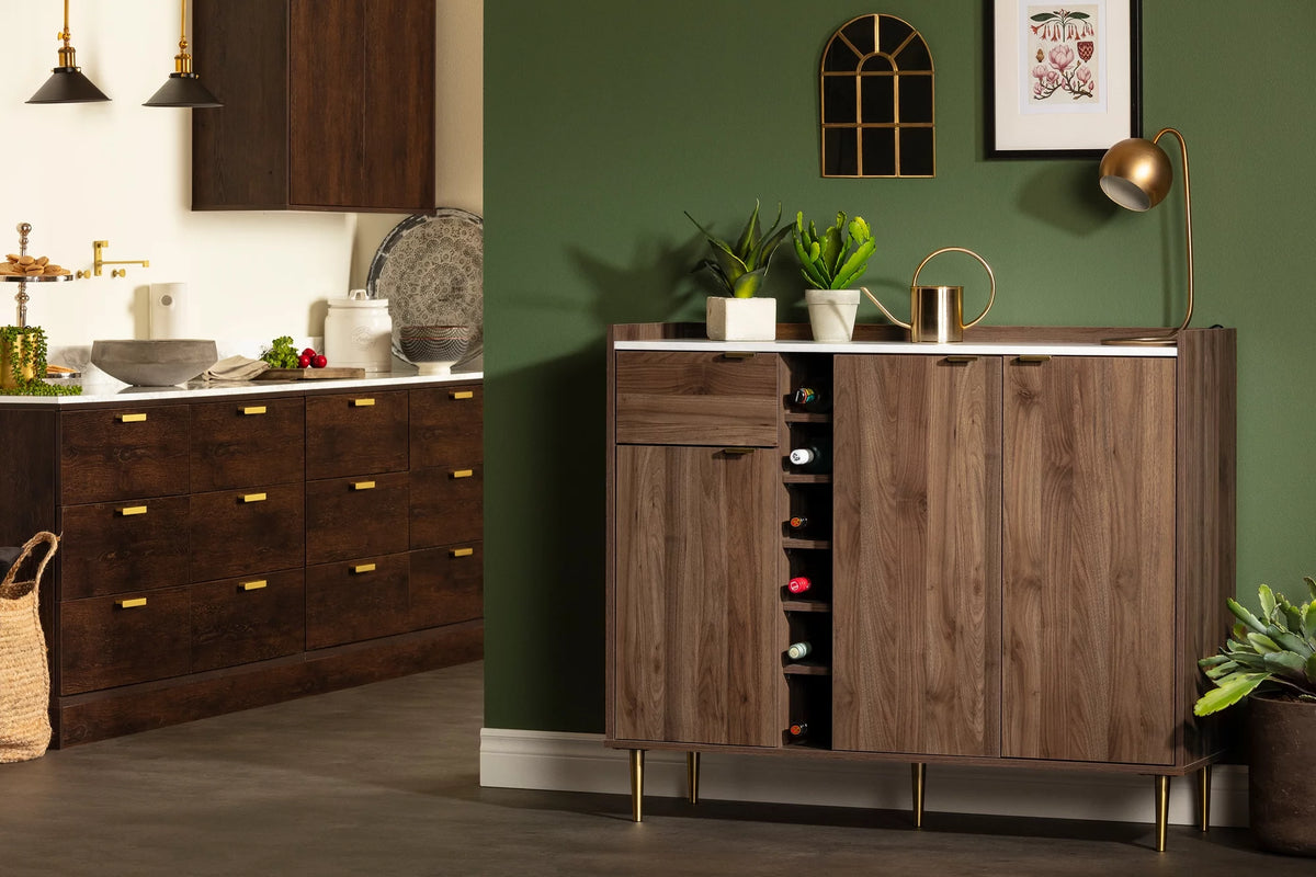 Natural Walnut and Faux Carrara Marble Buffet with Storage V445