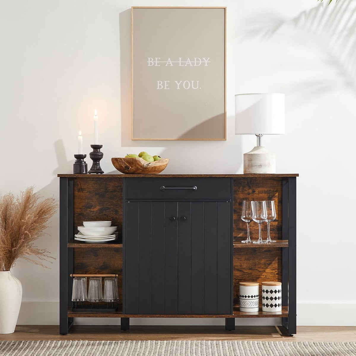 Rustic Brown and Black Steel Frame Buffet Cabinet with Drawer and Shelves L362