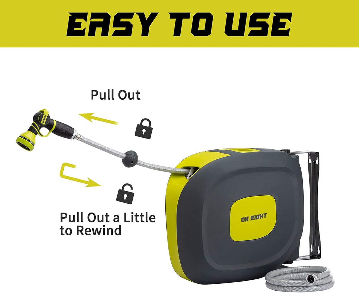 Retractable Garden Hose Reel 1/2" 115'+5' with 180° Swivel Metal Bracket, Wall Mounted Water Hose Reel with 9 Pattern Nozzle Z36459