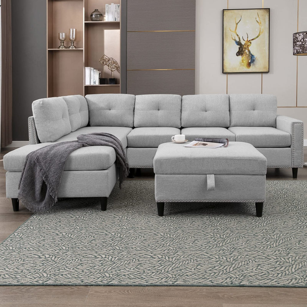 Light Grey L-Shaped Sectional Sofa with 2 Cup Holders and Storage Ottoman S40937