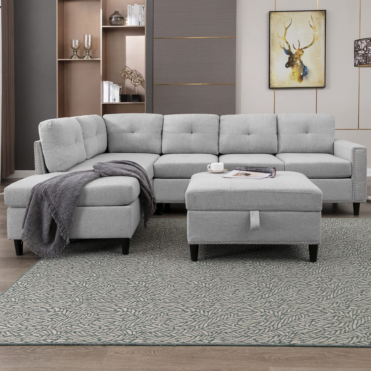 Light Grey L-Shaped Sectional Sofa with 2 Cup Holders and Storage Ottoman S40937