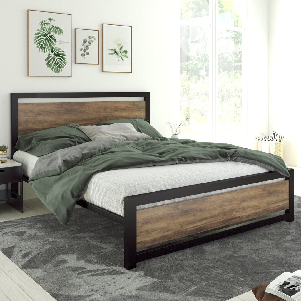 Queen Size Metal Platform Bed Frame with Wooden Headboard Footboard C5418