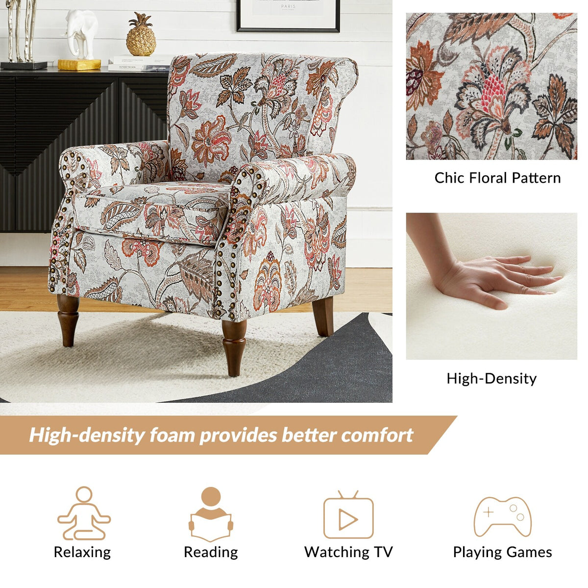 Pink Floral Upholstered Accent Armchair Set of 2 F75808