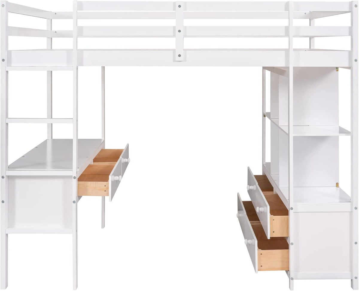 White Full Size Loft Bed with Built-in Desk, 2 Drawers and Storage Shelves Y494944