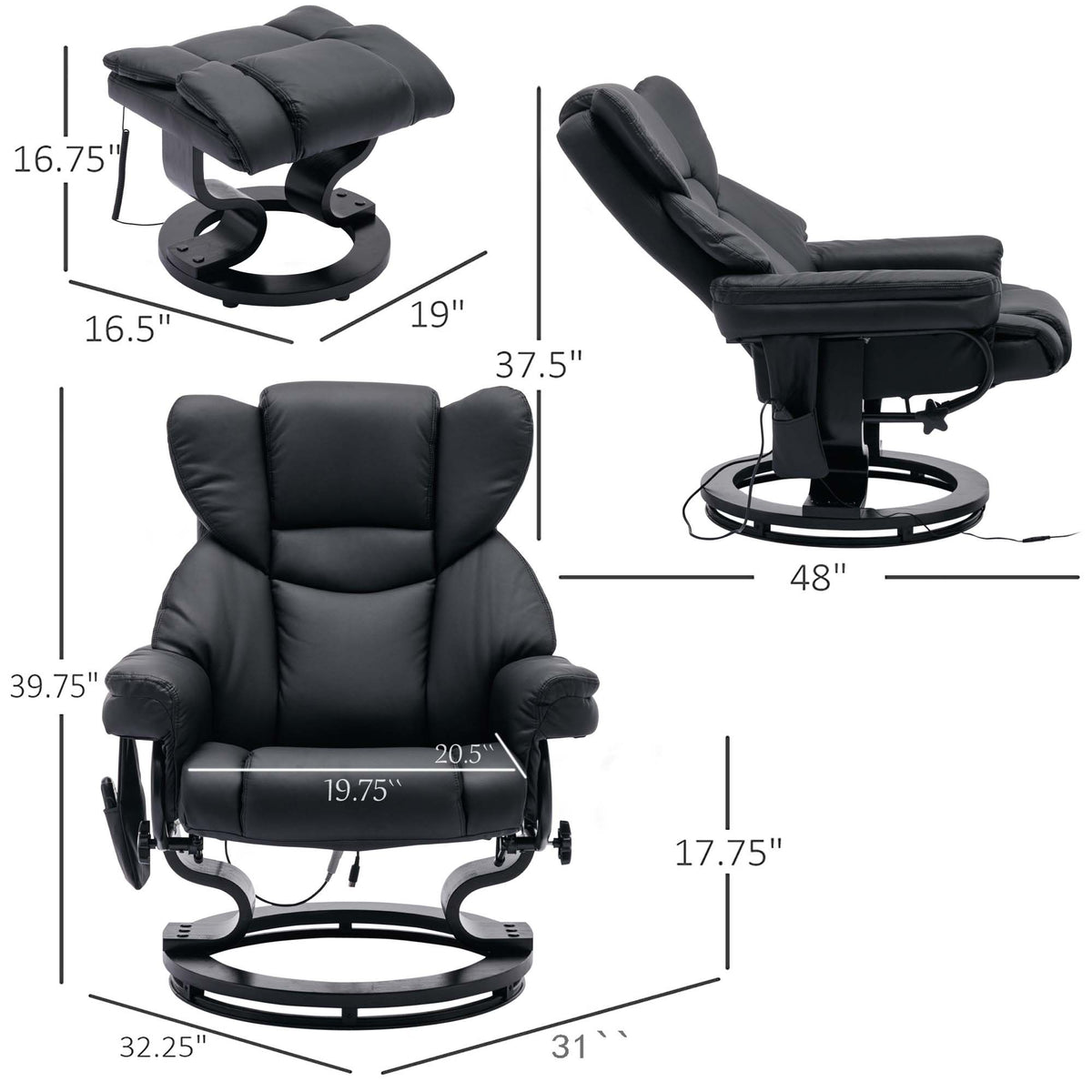 Black PU Massage Recliner Office Chair with Ottoman I468