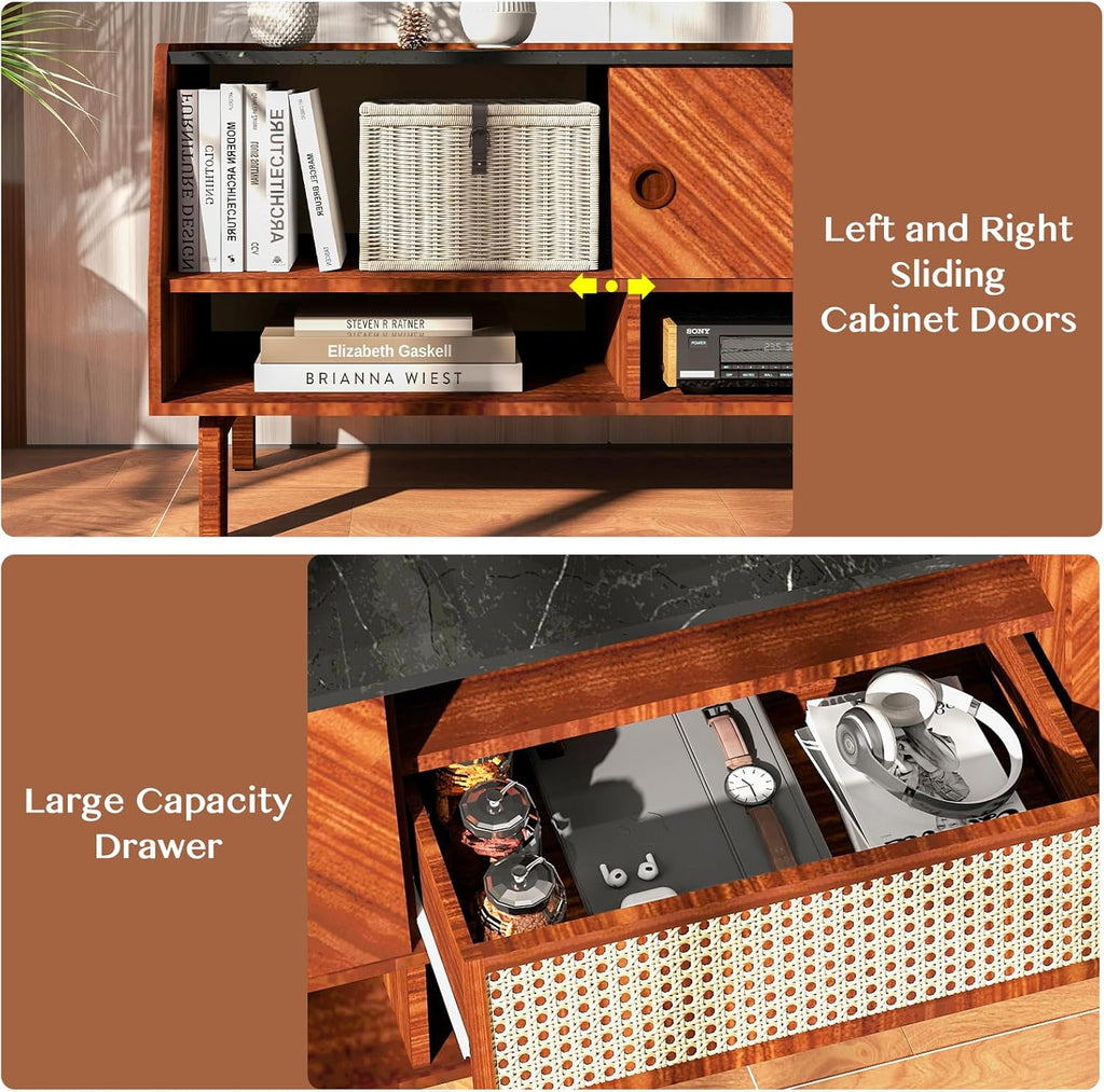 Walnut 67 inch TV Stand with Rattan Drawer K81891