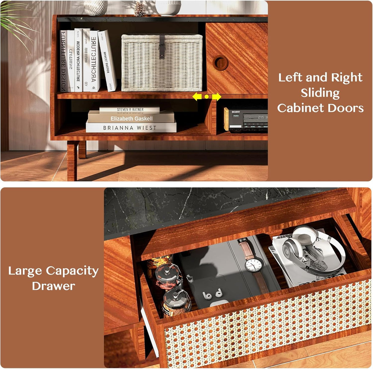 Walnut 67 inch TV Stand with Rattan Drawer K81891