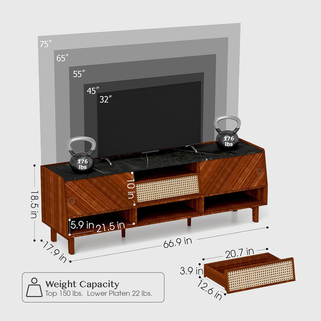Walnut 67 inch TV Stand with Rattan Drawer K81891