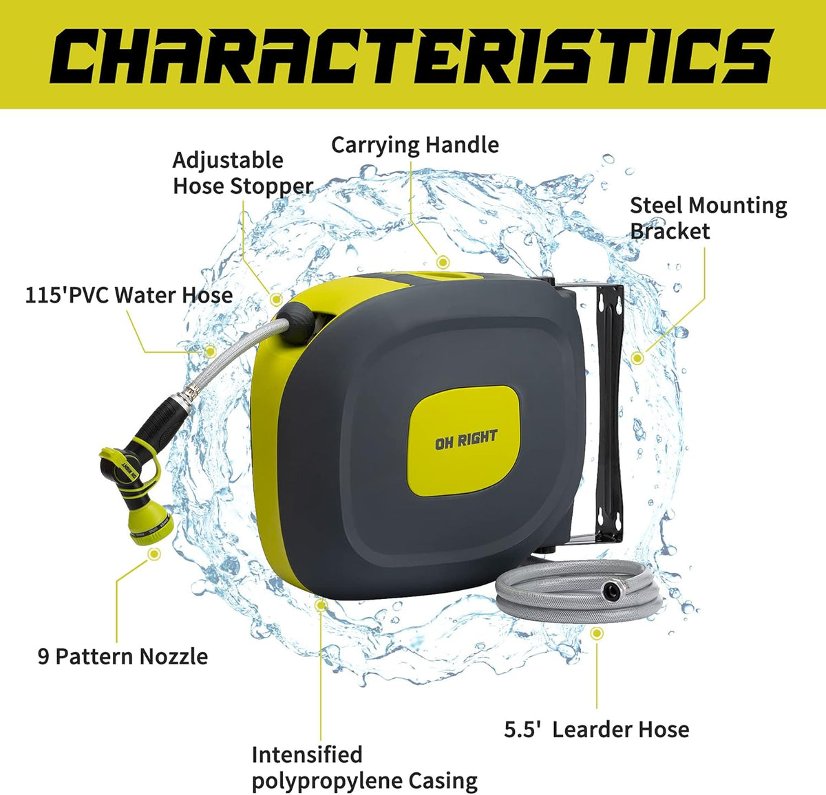 Retractable Garden Hose Reel 1/2" 115'+5' with 180° Swivel Metal Bracket, Wall Mounted Water Hose Reel with 9 Pattern Nozzle Z36459