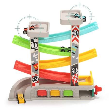 Wooden Race Track Car Ramp Toy with 4 Wooden Cars O943
