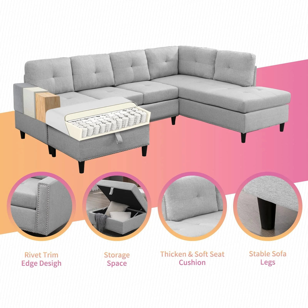 Light Grey L-Shaped Sectional Sofa with 2 Cup Holders and Storage Ottoman S40937