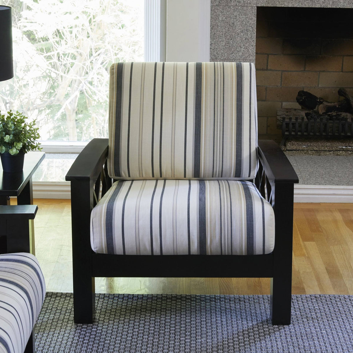 Brown Black Stripe Arm Chair with Exposed Wood Frame J287277