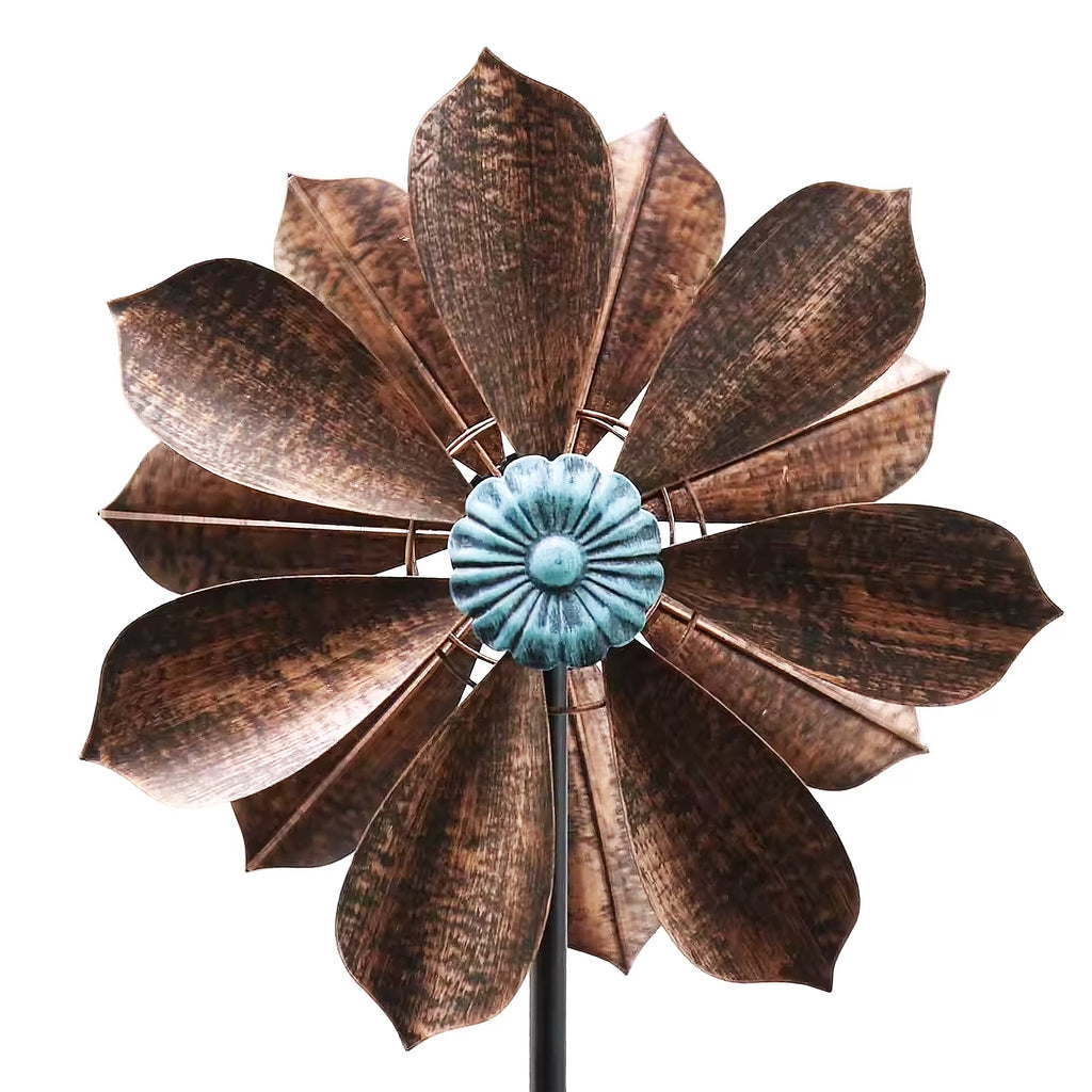 60 inch Metal Wind Spinner with Bronze Leaves and Blue Flower Core J14067