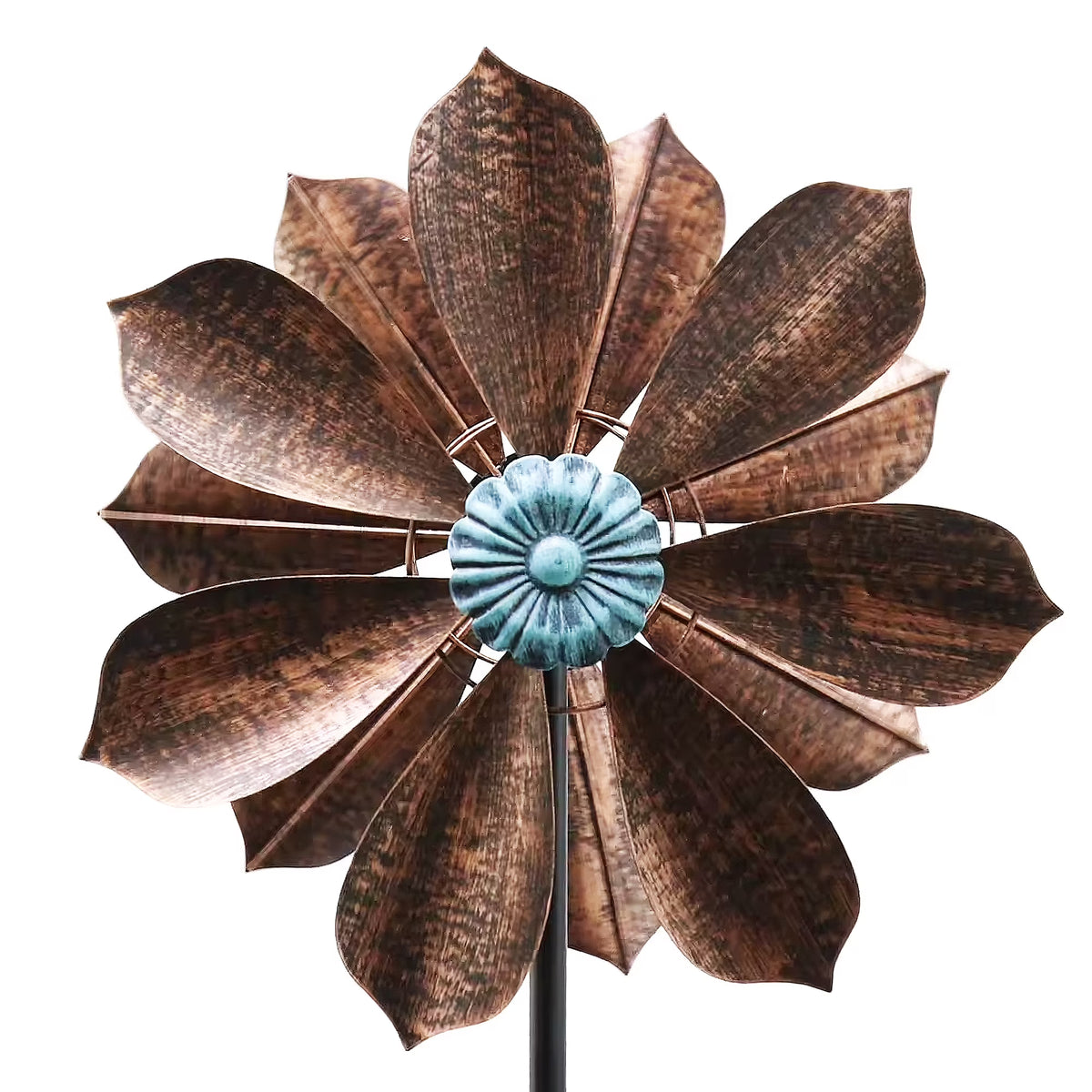 60 inch Metal Wind Spinner with Bronze Leaves and Blue Flower Core J14067