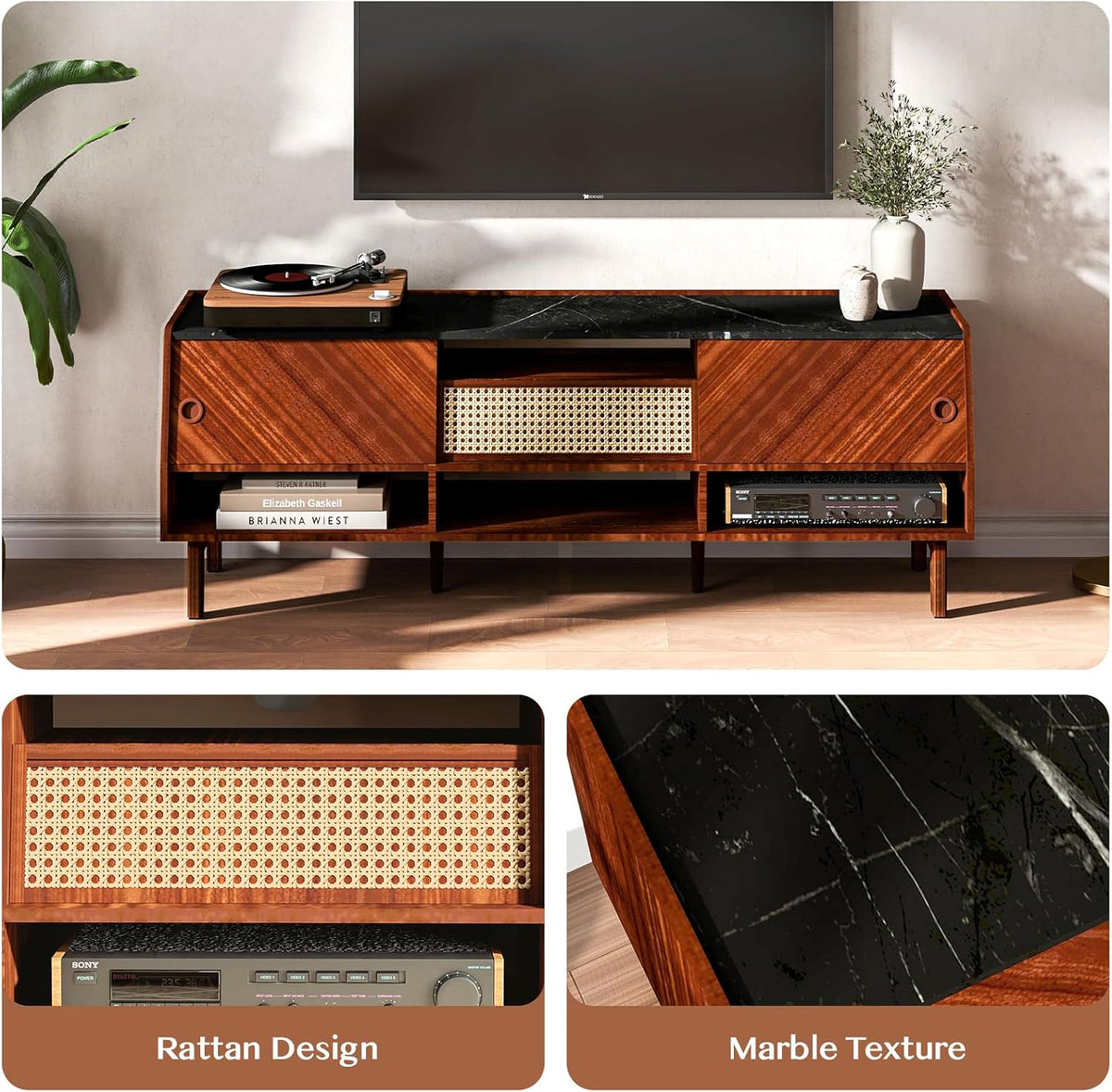 Walnut 67 inch TV Stand with Rattan Drawer K81891