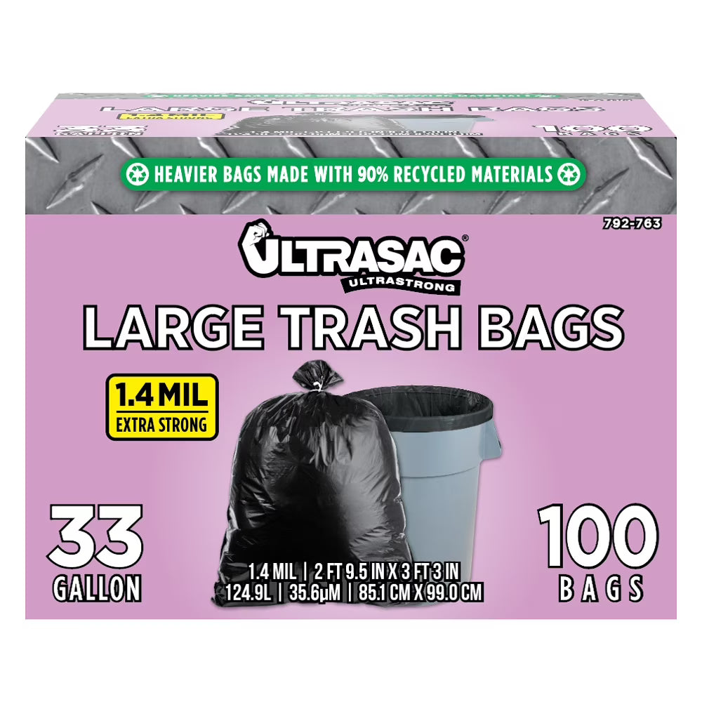 33 Gallon Heavy Duty Black Plastic Trash Bags with Ties 100 Pack P4648