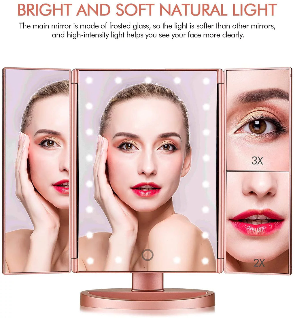Tri-fold Lighted Vanity Makeup Mirror with 3x/2x Magnification O351484