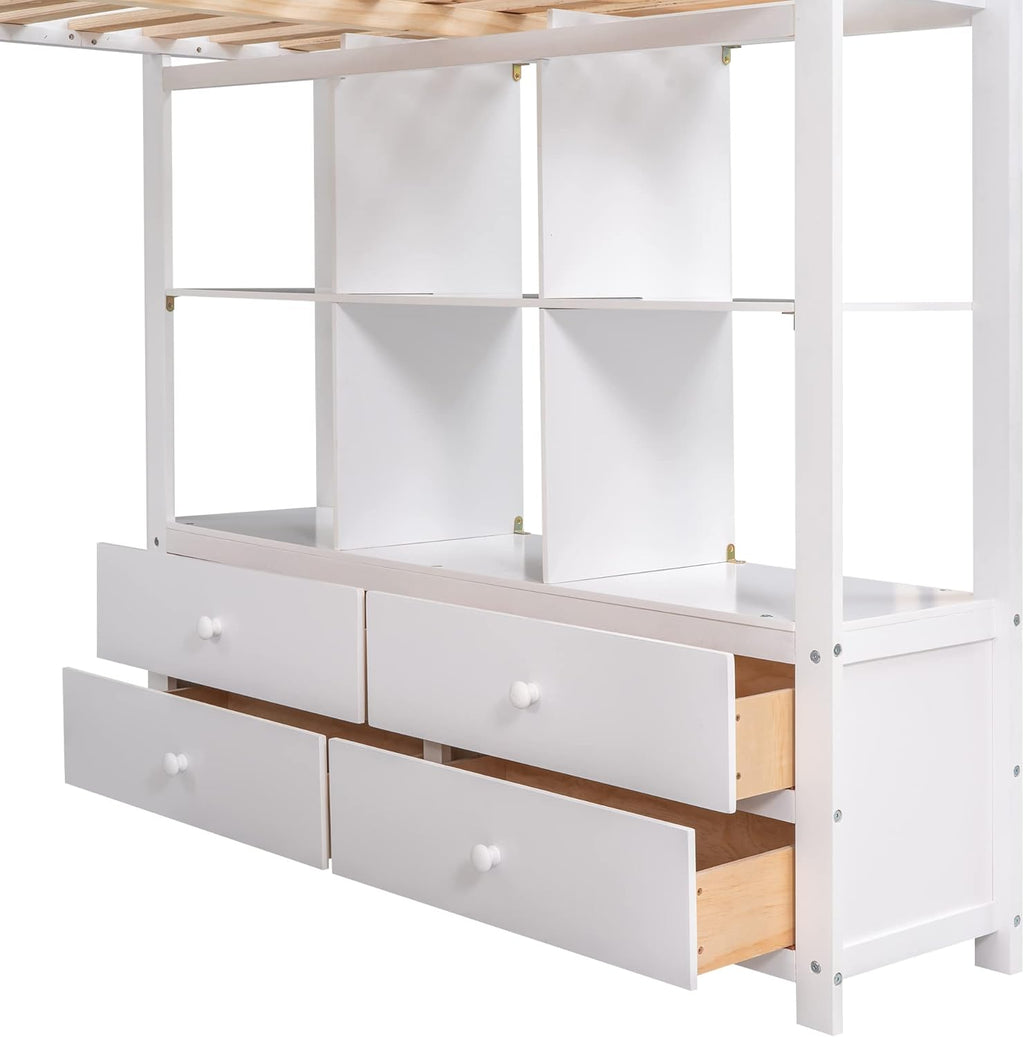 White Full Size Loft Bed with Built-in Desk, 2 Drawers and Storage Shelves Y494944