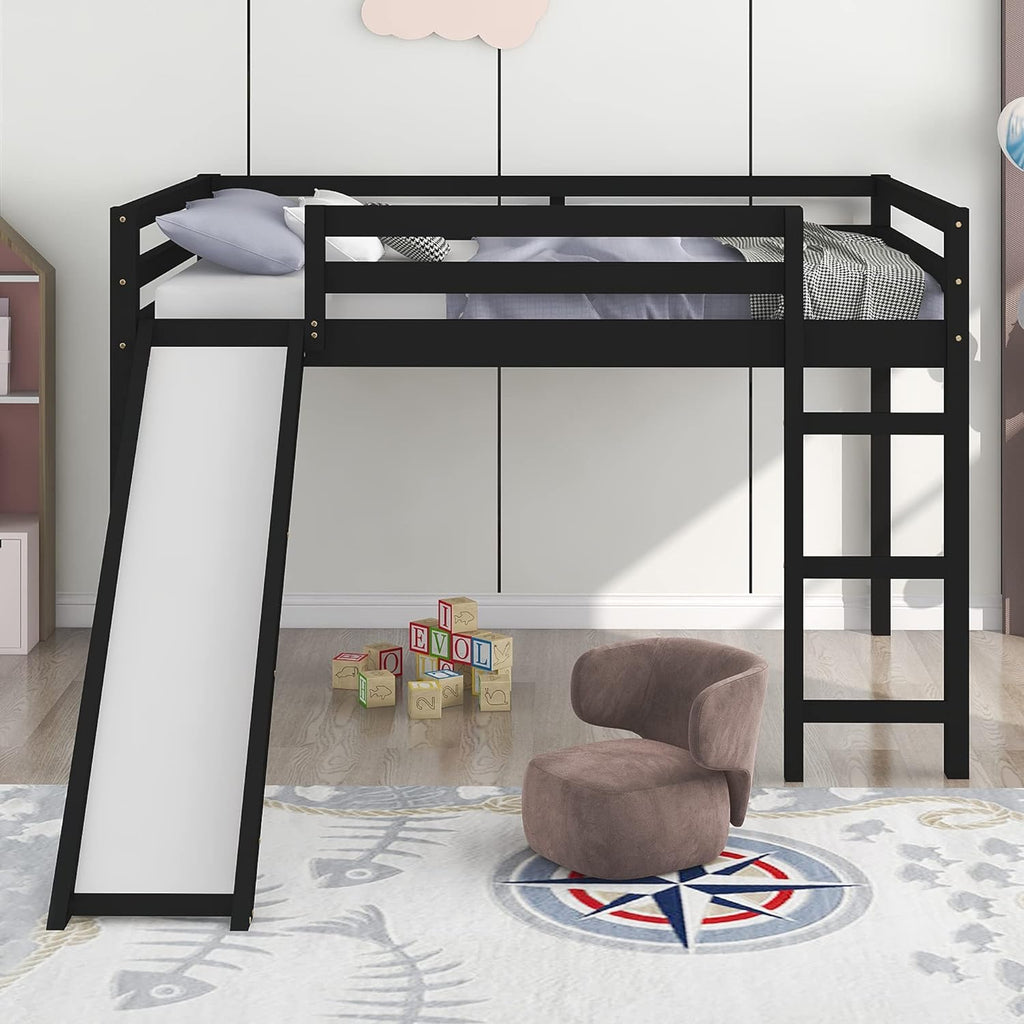 Solid Wood Full Size Low Loft Bed with Slide R47290
