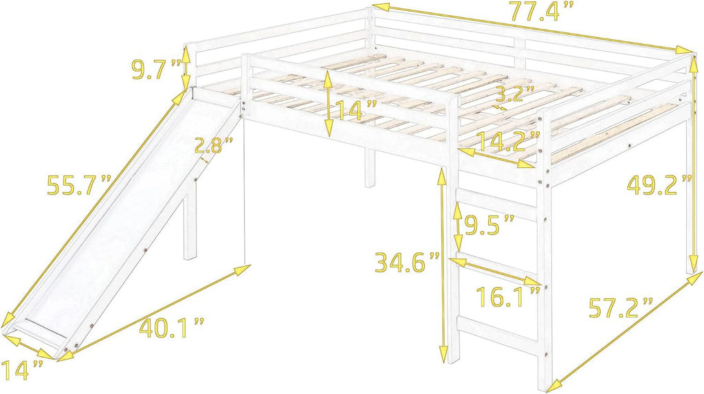 Solid Wood Full Size Low Loft Bed with Slide R47290