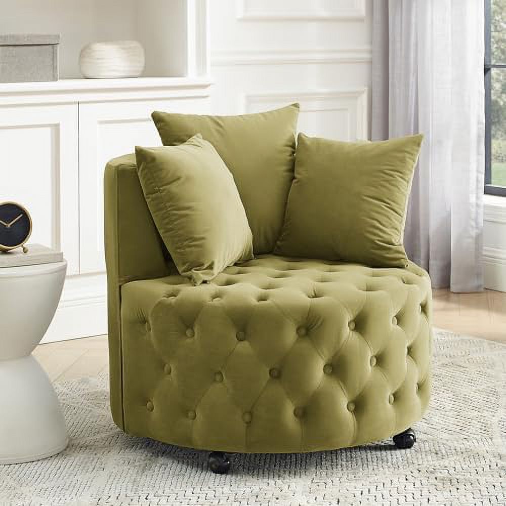 Pink Velvet Swivel Barrel Chair with 3 Pillows and Wheels N57343