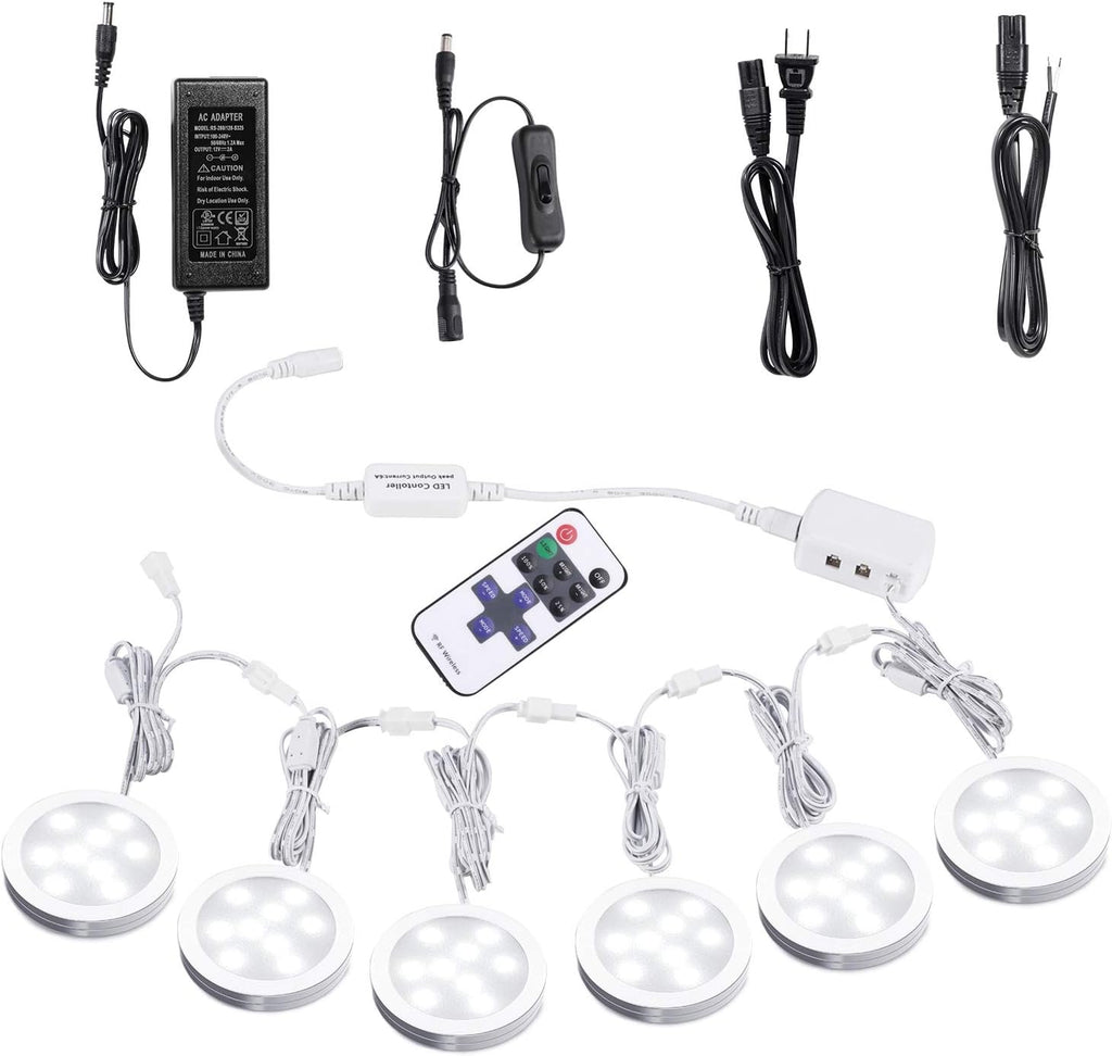 Under Cabinet LED Puck Lights with Wireless RF Remote Control, Hardwired & Wall Plug in, Daylight White, 6 Lights, Pack of 2 F745652