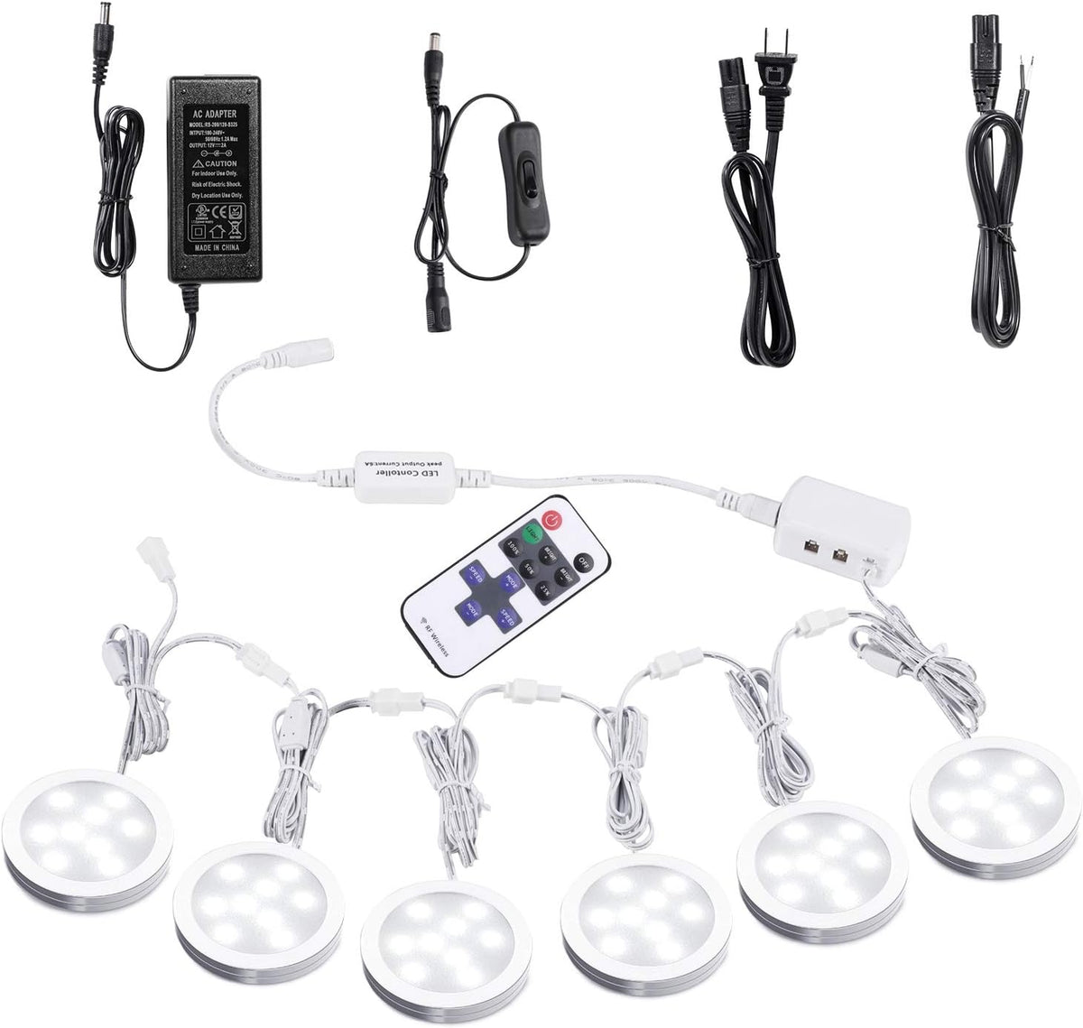 Under Cabinet LED Puck Lights with Wireless RF Remote Control, Hardwired & Wall Plug in, Daylight White, 6 Lights, Pack of 2 F745652
