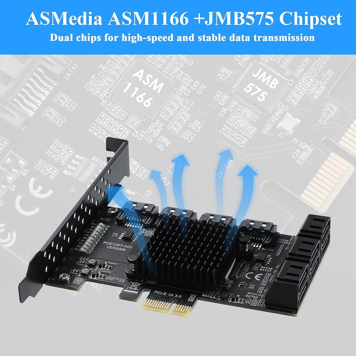 PCIE 1X 10 Ports 6 Gbps SATA 3.0 Expansion Card with Low Profile Bracket and 10 SATA Cables M964
