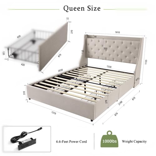 Full Size Upholstered Platform Bed with Button Tufted Storage Headboard and 4 Storage Drawers X780103