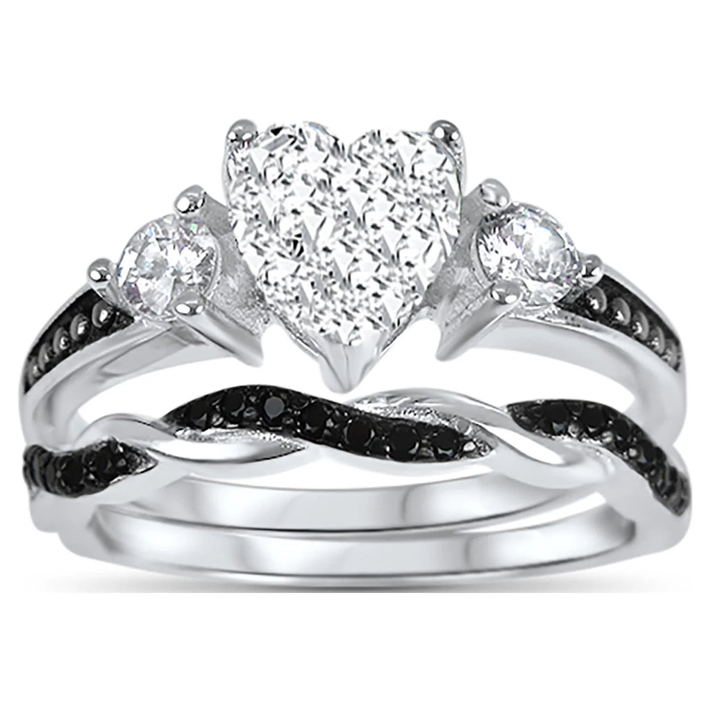 3 Piece Sterling Silver Black Wedding Band Engagement Ring Set V89113